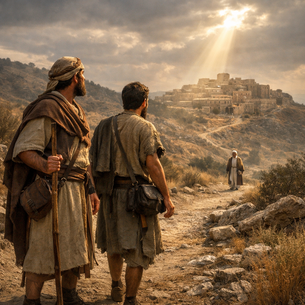 Saul és szolgája a bibliai tájon Sámuel felé tart, az ÚR gondviselő vezetését kifejezve (1Sámuel 9)