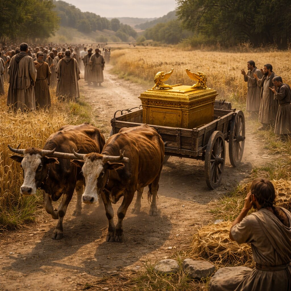 A frigyláda szekéren visszaérkezik Bét-Semes búzamezőihez, aratók örömmel és istenfélelemmel fogadják – 1Sámuel 6