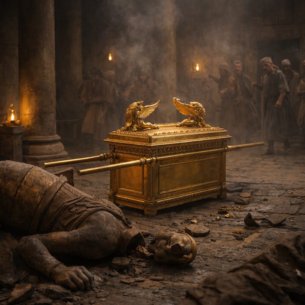 A frigyláda Dágon templomában áll, a bálványszobor ledőlve, filiszteusok döbbenten hátrálnak – 1Sámuel 5