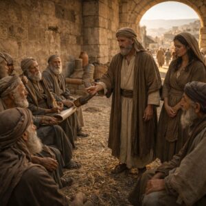 Bóáz a betlehemi városkapunál a vének előtt megváltja Naómi örökségét és Ruthot feleségül veszi – Ruth 4