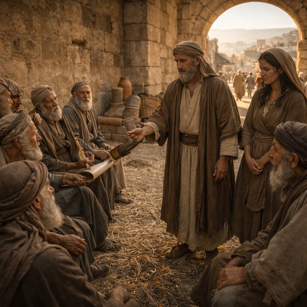 Bóáz a betlehemi városkapunál a vének előtt megváltja Naómi örökségét és Ruthot feleségül veszi – Ruth 4