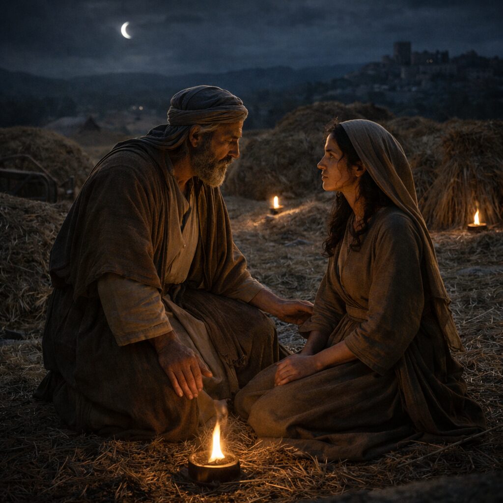 Ruth alázattal kéri Bóázt a szérűn megváltói oltalomra, Bóáz tisztességgel és védelemmel válaszol – Ruth 3