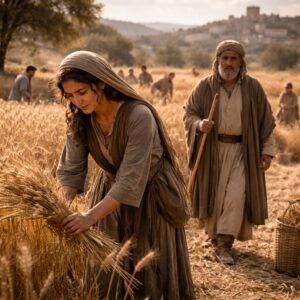 Ruth kalászt szed Bóáz mezején Betlehem mellett, miközben Bóáz védelmet és irgalmat biztosít – Ruth 2