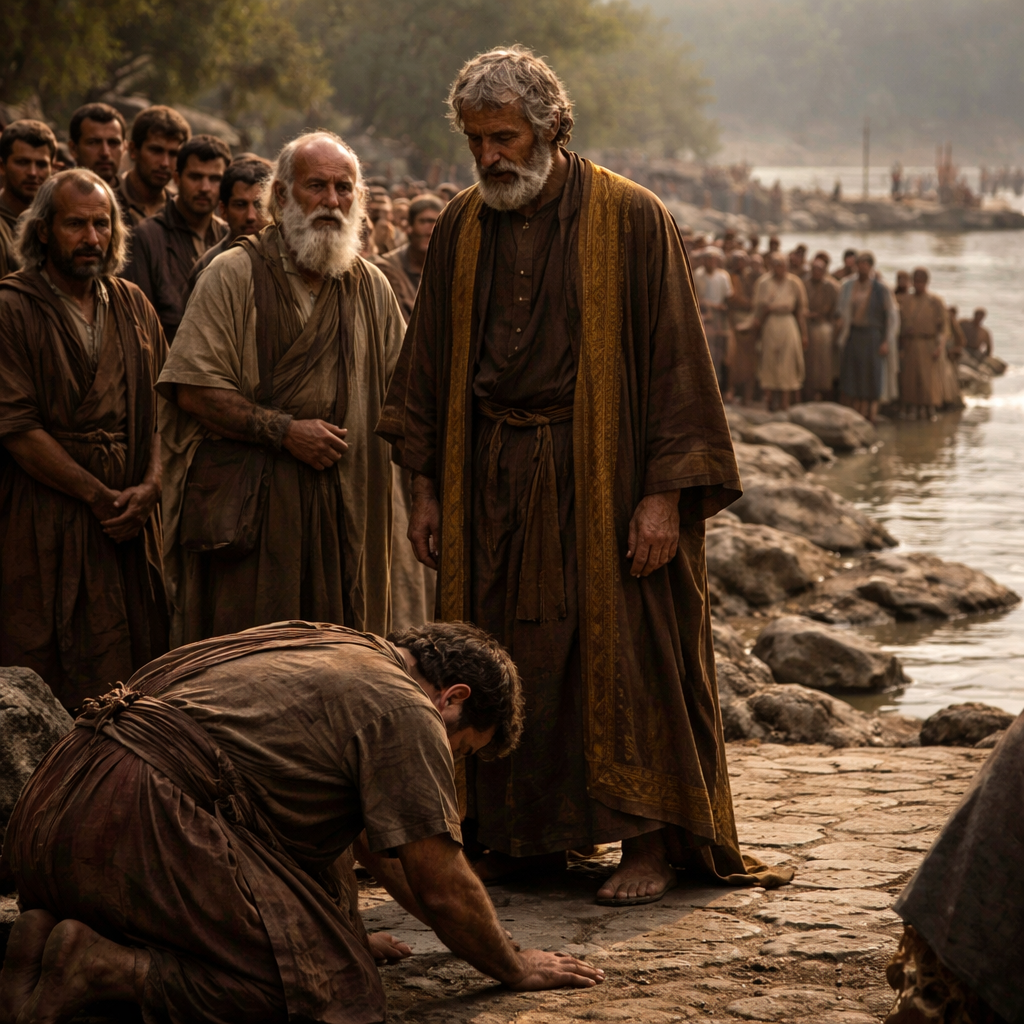 Dávid visszatérése a Jordánnál a 2Sámuel 19 fejezete alapján, a gyász és helyreállítás feszültségével