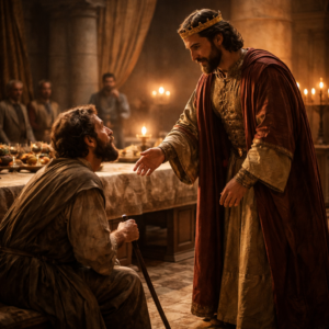 Dávid király kegyelemmel fogadja Méfibósetet a 2Sámuel 9 bibliai jelenetében