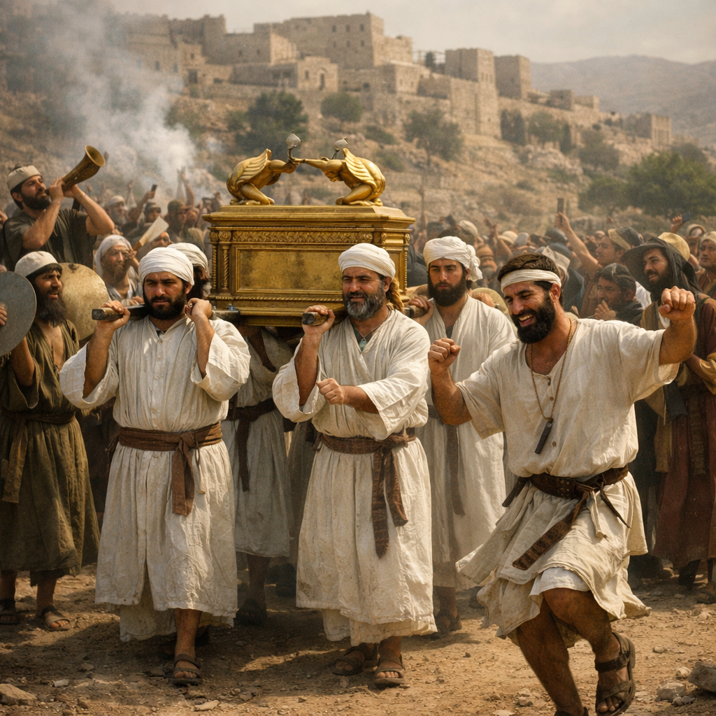 Dávid az Úr ládáját viszi Jeruzsálembe örömmel és szent tisztelettel a 2Sámuel 6 alapján