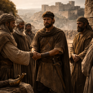 Dávid Jeruzsálem falai előtt Izráel véneivel szövetséget köt, királyként megerősödik, és az Úr vezetését keresi a győzelmekhez (2Sámuel 5)