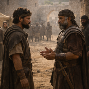 Dávid és Abner Hebronban békességről tárgyalnak, miközben a háttérben Jóáb bosszúja feszültséget hoz (2Sámuel 3)