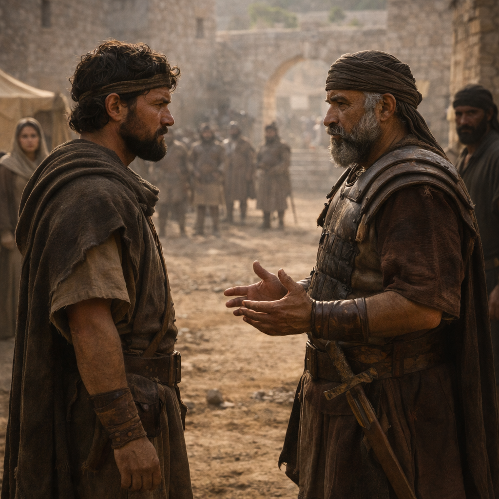 Dávid és Abner Hebronban békességről tárgyalnak, miközben a háttérben Jóáb bosszúja feszültséget hoz (2Sámuel 3)