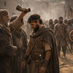 Dávid Hebronban – kenetés és megosztottság árnya | | Jézus Krisztus a mi megváltónk Dávid Hebronban Júda vénei előtt királlyá kenetik, miközben a háttérben érződik a megosztott királyság feszültsége (2Sámuel 2)