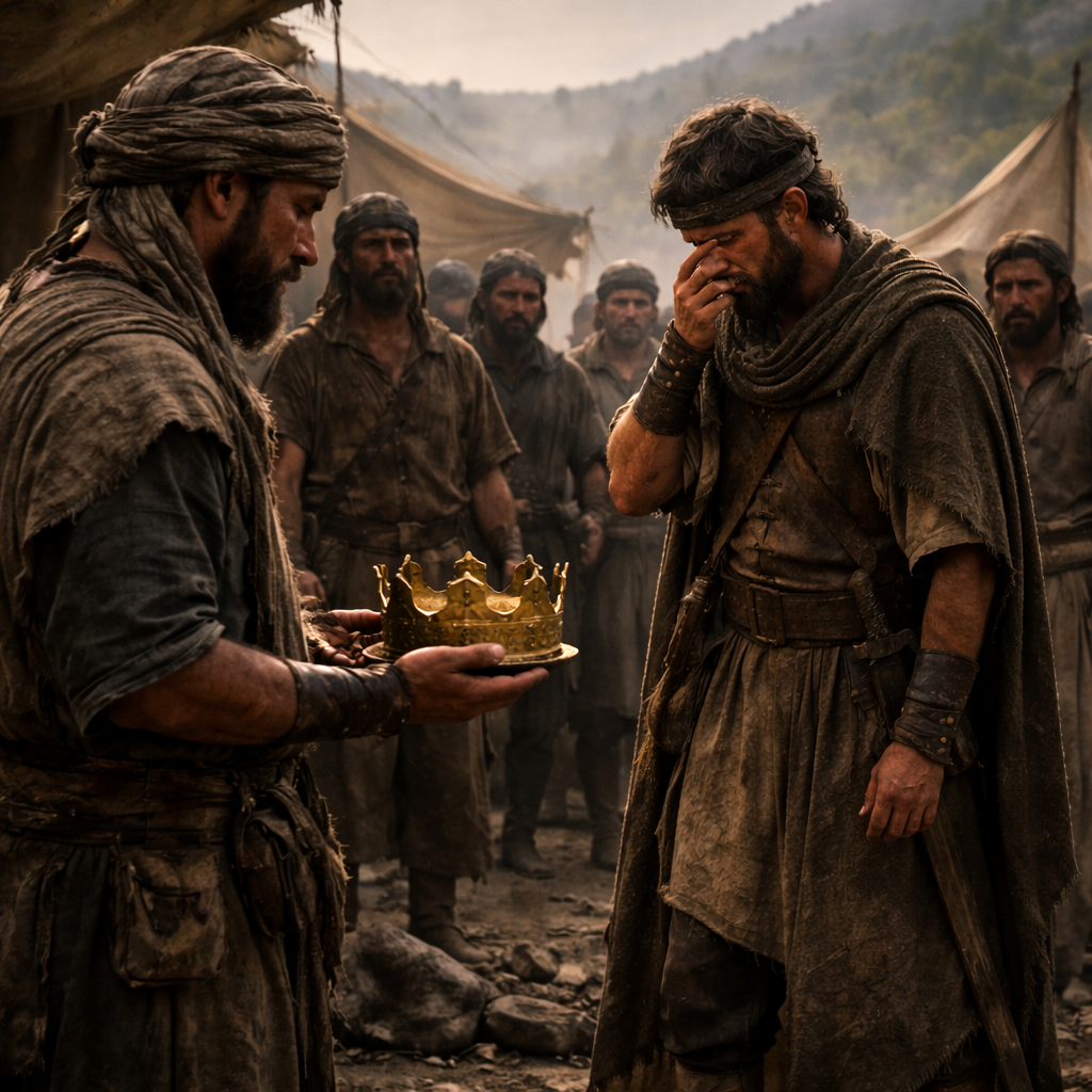 Dávid gyászol Saul és Jónátán halálán, miközben az amálekitai futár koronát és karperecet hoz bizonyítékként (2Sámuel 1)