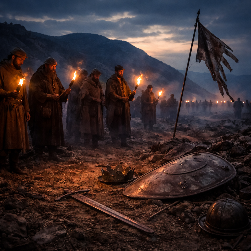 Jábes-Gileád férfiai fáklyákkal, tisztelettel a Gilboa csata utáni csendben, Saul bukásának jelképeivel (1Sámuel 31)