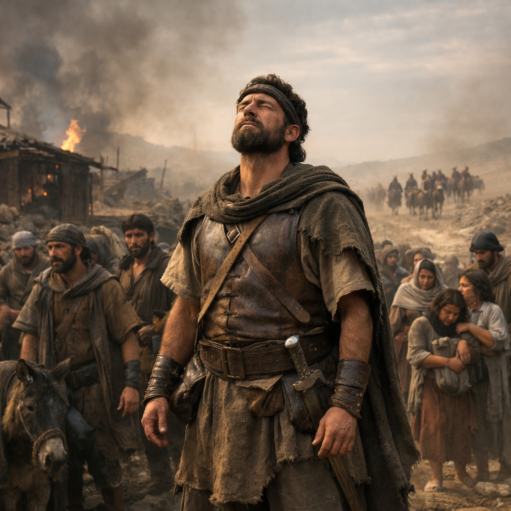 Dávid Ciklág romjainál az Úrban megerősödve vezeti embereit az amálekiták üldözésére és a foglyok visszaszerzésére (1Sámuel 30)