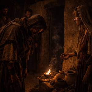 Saul álruhában egy mécsesfényes házban Endórban áll, kétségbeesetten tiltott segítséget keresve (1Sámuel 28)