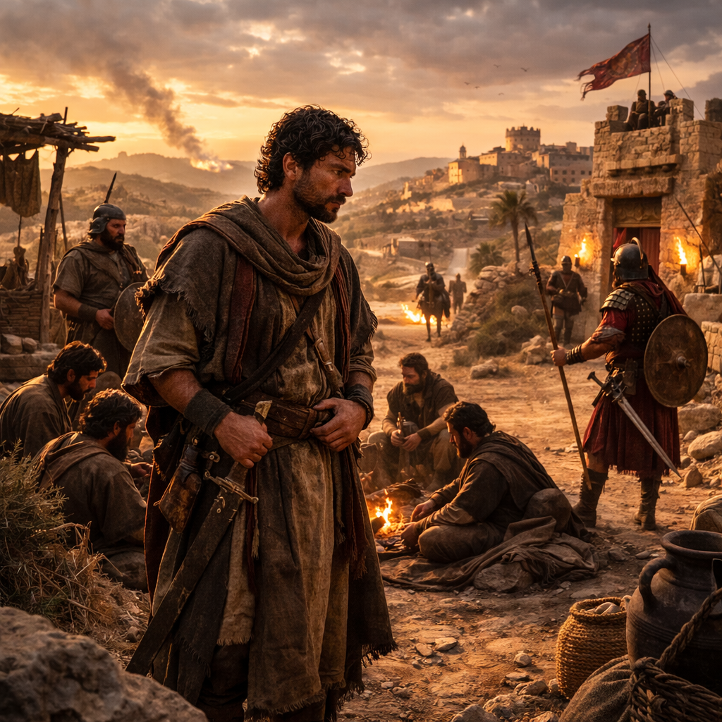 Dávid Ciklág poros utcáján idegen földön áll, filiszteus őrök árnyékában, menekülés és belső vívódás közben (1Sámuel 27)