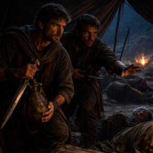 Dávid éjjel Saul táborában megkíméli a királyt, és elviszi a dárdát meg a víztömlőt bizonyítékul (1Sámuel 26)