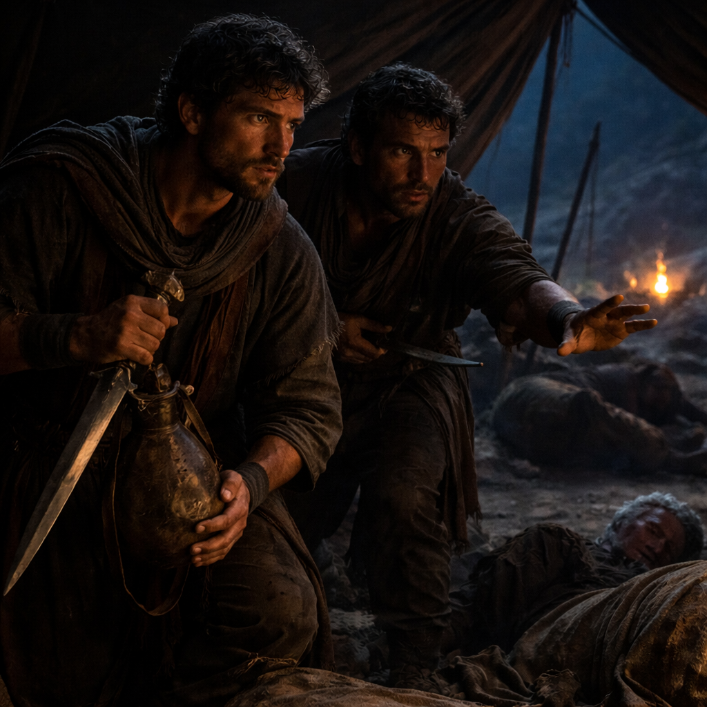 Dávid éjjel Saul táborában megkíméli a királyt, és elviszi a dárdát meg a víztömlőt bizonyítékul (1Sámuel 26)