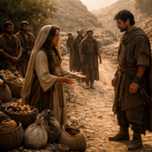 Abigáil ajándékkal és alázattal Dávid elé lép a pusztában, hogy megfékezze a bosszút Nábál sértése után (1Sámuel 25)