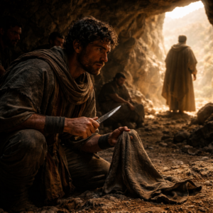 Dávid a barlang félhomályában megkíméli Sault, csak a köntösszárnyból vág le egy darabot (1Sámuel 24)