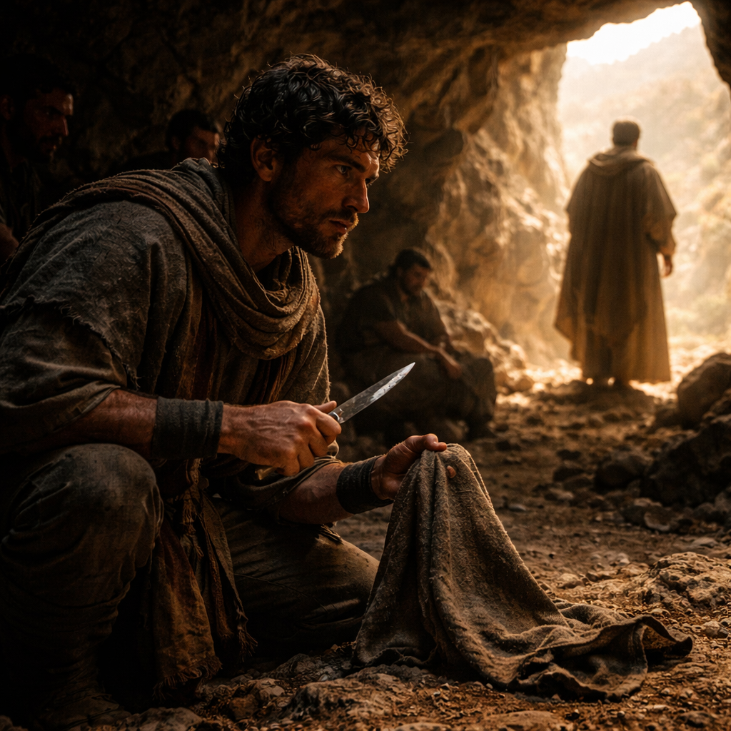 Dávid a barlang félhomályában megkíméli Sault, csak a köntösszárnyból vág le egy darabot (1Sámuel 24)