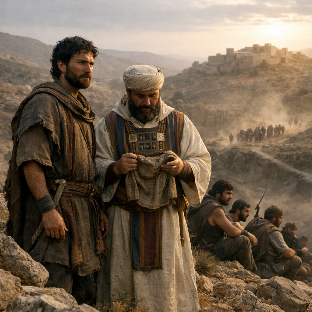 Dávid Abiátár pappal útmutatást kér az Úrtól a pusztában, miközben Saul serege távolról közeledik (1Sámuel 23)