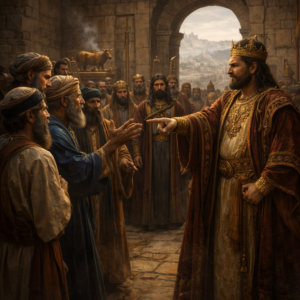 Roboám és Izráel népe az 1Királyok 12 fejezetének királyságszétszakadási jelenetében