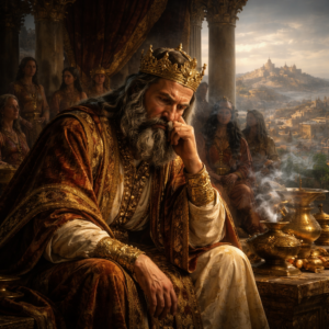 Idős Salamon király Jeruzsálemben az 1Királyok 11 fejezetének figyelmeztető bibliai jelenetében