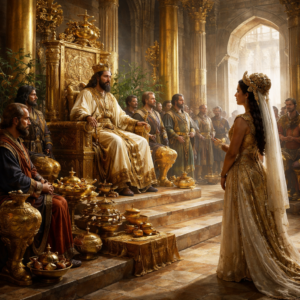 Salamon király udvara és Sába királynéja Jeruzsálemben az 1Királyok 10 fejezetének bibliai jelenetében