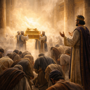 A templom felszentelésekor az Úr dicsősége betölti a házat, miközben Salamon és Izráel népe alázattal imádkozik az 1Királyok 8 alapján