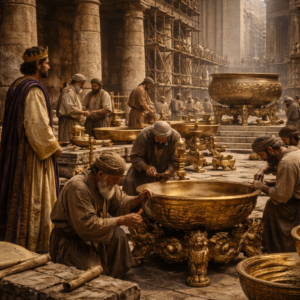 A templom edényei és rézmunkái készülnek Salamon idejében az 1Királyok 7 alapján, szent rendben és gondos kivitelezéssel