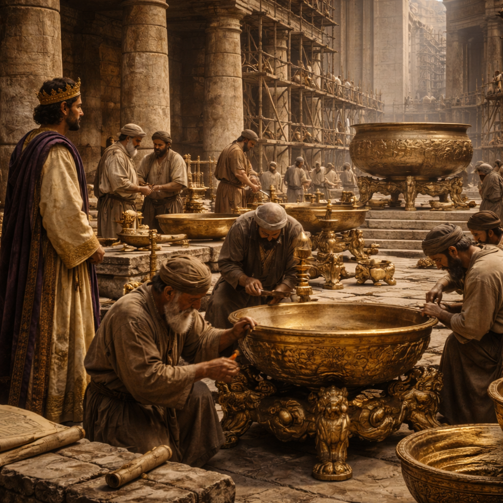 A templom edényei és rézmunkái készülnek Salamon idejében az 1Királyok 7 alapján, szent rendben és gondos kivitelezéssel