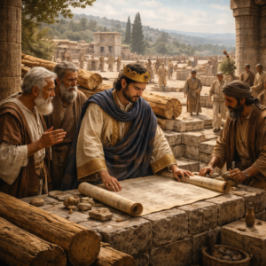 Salamon az Úr házának építését készíti elő cédrusfával, kövekkel és rendezett munkával az 1Királyok 5 alapján