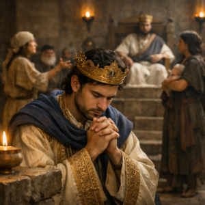 Salamon király alázattal bölcsességet kér Istentől, miközben uralkodásának kezdetén igaz ítéletre készül 1Királyok 3 alapján