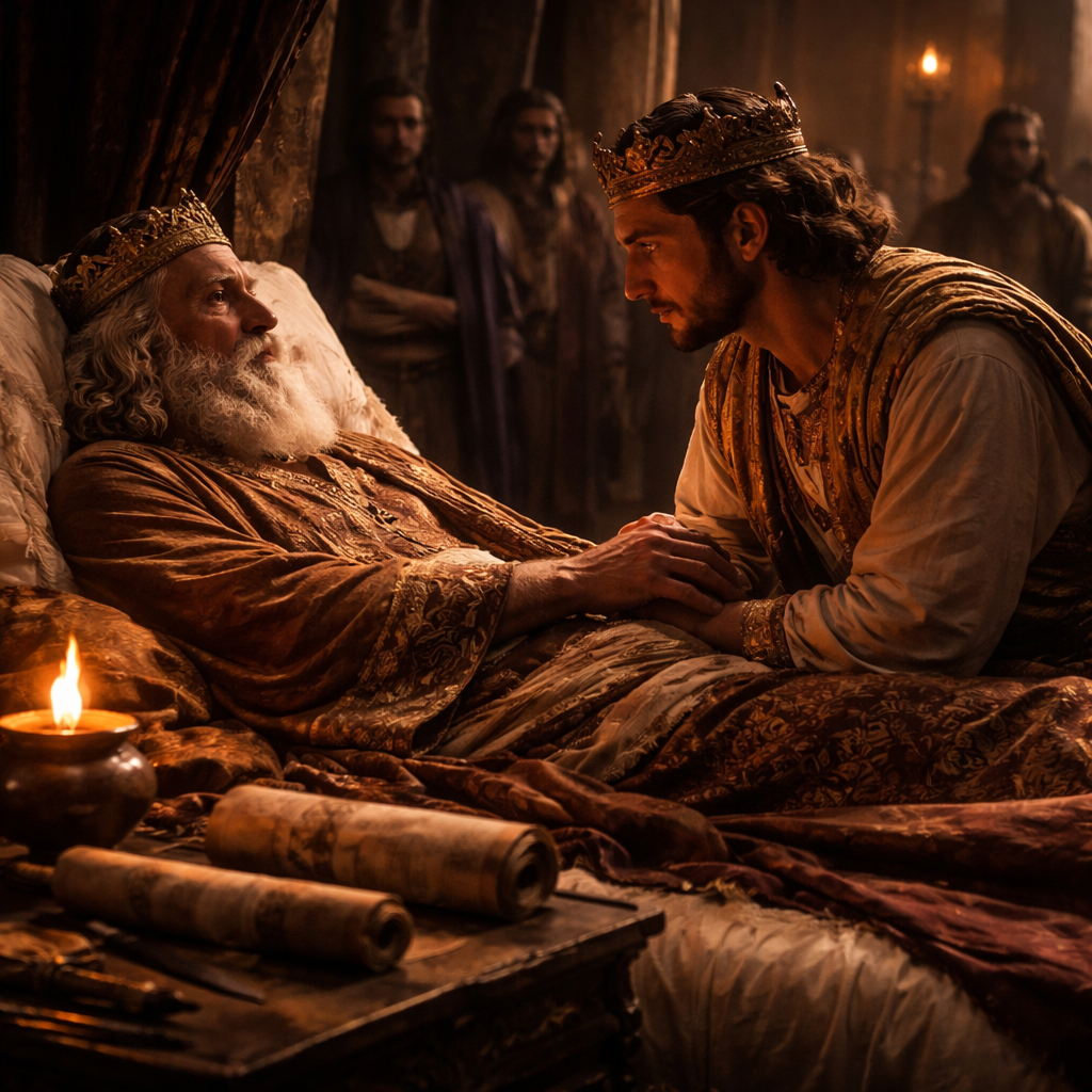 Dávid utolsó intelmeket ad Salamonnak az 1Királyok 2 fejezete alapján, a királyság megszilárdulásának komoly pillanatában