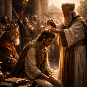 Salamon felkenése az 1Királyok 1 fejezete alapján, miközben Isten rendje helyreáll a trón körüli feszültség közepette