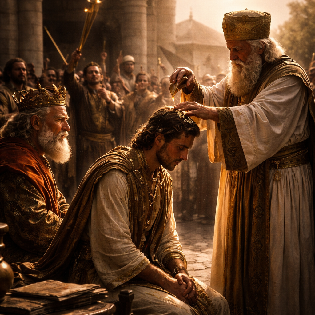 Salamon felkenése az 1Királyok 1 fejezete alapján, miközben Isten rendje helyreáll a trón körüli feszültség közepette