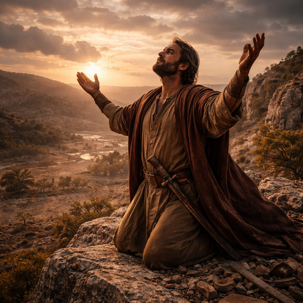 Dávid hálát ad Istennek egy sziklás magaslaton a 2Sámuel 22 üzenetét megjelenítő bibliai jelenetben