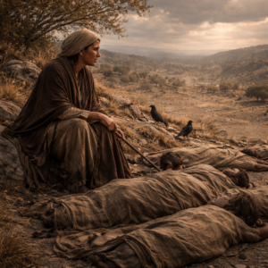 Rispá virraszt a dombon a 2Sámuel 21 jelenetében, miközben a fejezet az ítélet, gyász és jóvátétel üzenetét hordozza