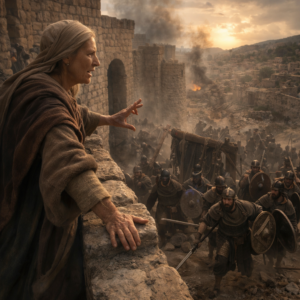 Bölcs asszony beszél a város faláról a 2Sámuel 20 jelenetében, miközben a lázadás miatt ostrom fenyegeti a várost