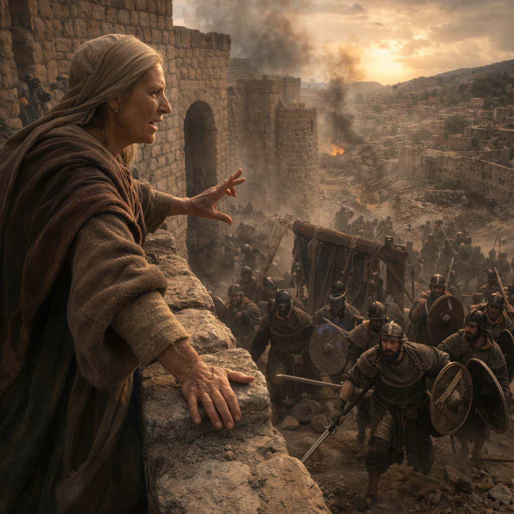 Bölcs asszony beszél a város faláról a 2Sámuel 20 jelenetében, miközben a lázadás miatt ostrom fenyegeti a várost